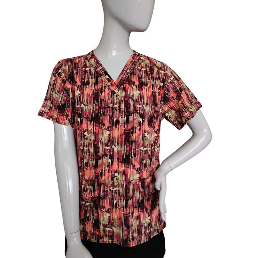 Carhartt Scrub Top Size Small Orange & Black Abstract Print Short Sleeve V Neck